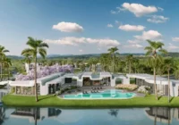 Área de lazer do condomínio com piscina e lago — condomínios